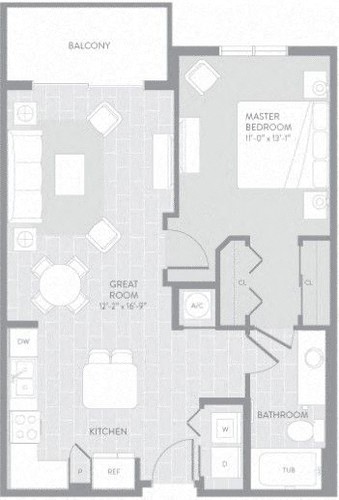 Floor plan for 1 bed, 1 bath, 752 sqft